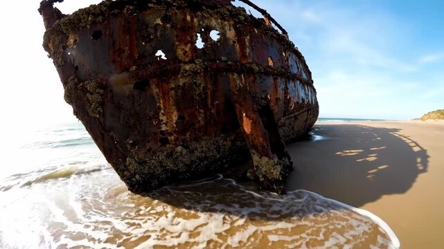 Shipwreck on Beach at Sunset in Bolata, Bulgaria. Rusting Vessel Remains on Sandy Shore