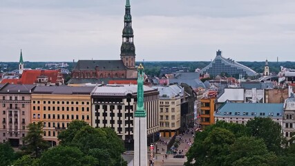 Medium tele drone view of Freedom Monument Riga, digital battlefield concept - Powered by Adobe