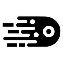 A black and white graphic illustration of a comet or meteor with a tail and circular elements