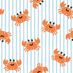 Vector seamless pattern of cute crab, stripe background.