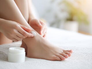 Naklejka premium Young Asian woman focuses on smoothing cream onto her leg while sitting comfortably in a well-lit room