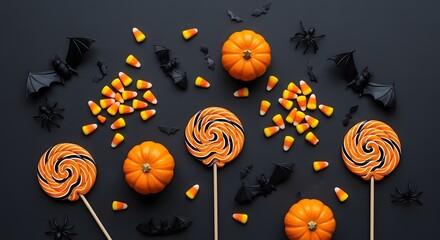 Halloween candy and pumpkins on a dark background.