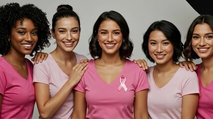 Diverse group of women supporting breast cancer awareness during Pink October.
