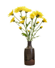 Yellow chrysanthemum bouquet in rustic ceramic vase isolated on white background with clipping path