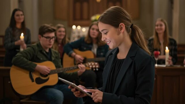 Smiling woman and group playing guitar, singing carols in church. Christian Christmas worship service with youth musicians, footage.