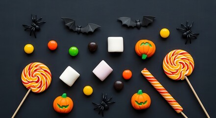 Halloween Candy Assortment with Pumpkins and Bats on Black Background.