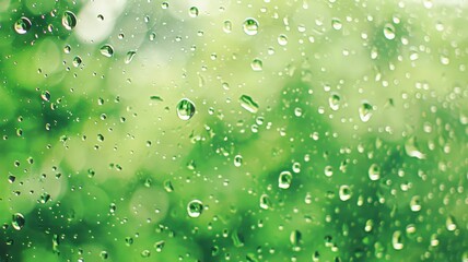 Raindrops on Window Glass with Blurry Green Nature Background, Wet Surface Texture