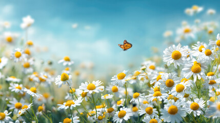 A stunning, high-resolution image capturing the tranquil beauty of nature. A single monarch butterfly floats gracefully above a dense field of white and yellow daisies with a shallow depth of field