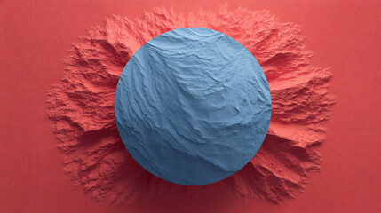 Abstract composition of a blue sphere surrounded by textured red terrain. A striking abstract image featuring a blue sphere set against a textured red backdrop,  Abstract background.