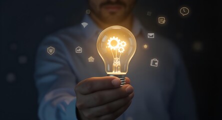 Close-up of a man's hand holding a glowing light bulb with floating digital icons in a dark background with a technological mood.