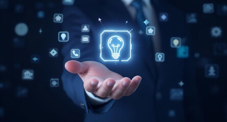 Close-up of a businessman presenting a glowing light bulb icon with various digital symbols floating around in a dark background with a futuristic and innovative mood.