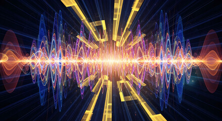 Stunning audio spectrum visualizer with vibrant sound waves and golden accents for music production and digital design projects