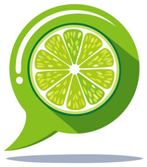 Vibrant lime slice in green speech bubble vector illustration. Fresh citrus fruit icon with chat symbol and long shadow flat design.