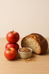 Fresh Apples with Grains and Rustic Sourdough Loaf, Studio Still