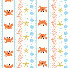 Vector seamless pattern of cute crab with seashells.