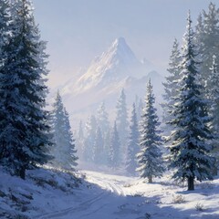 Snowy Mountain Vista through Evergreen Forest during Winter Season Serene Landscape Scenic Artwork