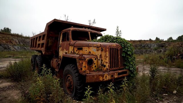 Rusting Dump Truck Overgrown With Vines Stands Abandoned in a Quarry