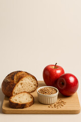 Fresh Apples with Grains and Rustic Sourdough Loaf, Studio Still