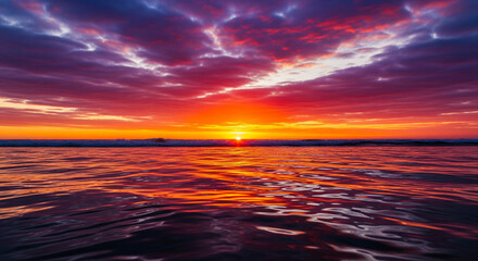 Fototapeta premium Spectacular Fire Sunset Over the Ocean with Dramatic Cloudscape An incredibly vivid and intensely colored seascape capturing a magnificent sunset. 