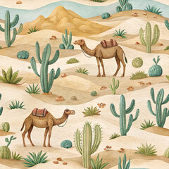 Desert Landscape with Camels, Cactus, and Sun-Bleached Bones

