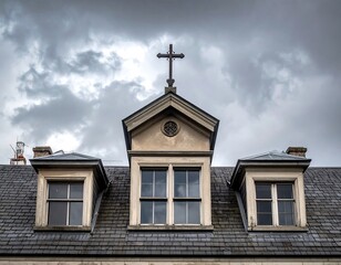 Obraz premium Historic Building with Cross and Roof Windows.