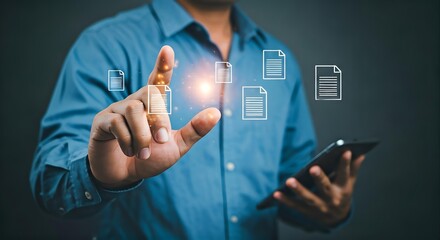 Close-up of a man's hand interacting with a digital interface on a smartphone in a dark background with a futuristic and technological mood.