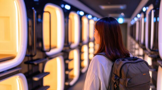 Woman with a backpack exploring a modern capsule hotel corridor with glowing pods and ambient lighting