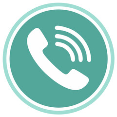 Round teal and white telephone receiver icon with broadcast waves for telecommunications
