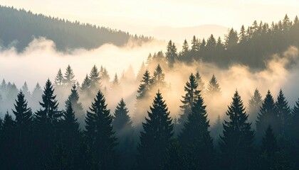 Forest Landscape with Morning Fog and Sunlight Filtering Through Trees in a Mountainous Environment with Coniferous Forest in Background