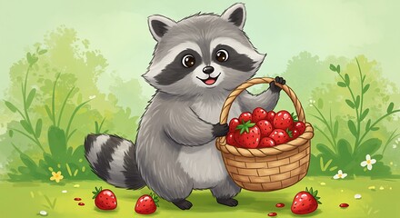 Fototapeta premium Cute Raccoon Holding a Basket Full of Strawberries in a Forest.