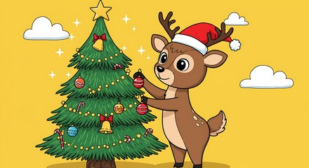 Fototapeta premium Cute Reindeer Decorating a Christmas Tree.