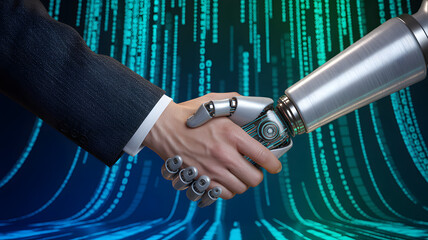A human and robot shaking hands in front of binary code