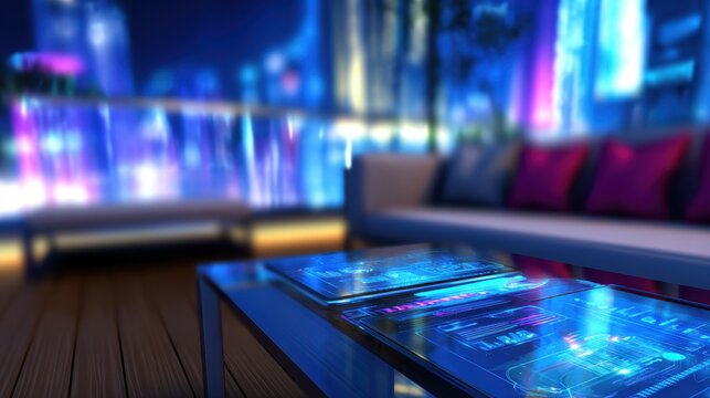 Modern lounge with glowing tech displays, vibrant city lights in the background, creating a futuristic ambiance