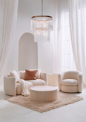 Elegant living room interior with light furniture, a white sofa, and a crystal chandelier. Minimalist modern design with bright and airy atmosphere, perfect for stylish home inspiration.