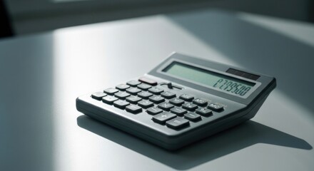 Gray calculator on a bright surface casting a shadow