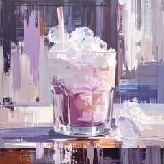 Iced drink in glass with abstract brush strokes