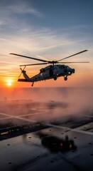 Navy helicopter aircraft flying low over the sea at sunset. Military air transport on a naval mission, patrol concept.