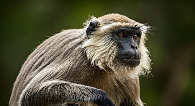 Close-up portrait of a gray langur monkey with a blurred green forest background, conveying a calm and natural mood.