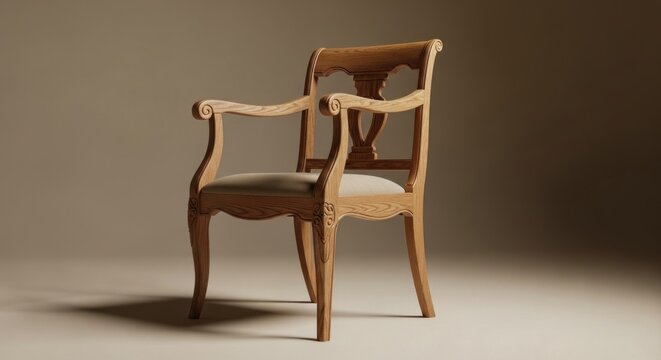 A classic, elegant wooden armchair sits isolated against a gradient background with warm, neutral tones; detailed carvings and curved armrests suggest a vintage design; soft lighting creates shadows.