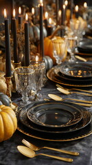 Elegant autumn tablescape with pumpkins, black candles and gold tableware creates a luxurious seasonal setting perfect for festive dining inspiration.
