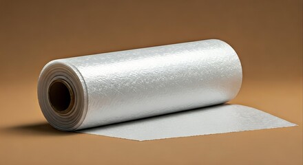 Close-up of a roll of silver insulation material on a brown background with a sheet unrolled.