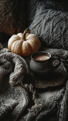 Warm latte with cinnamon and fall accents evokes comfort and seasonal flavor ideal for Thanksgiving themes and café promotions.
