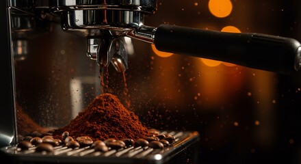 Freshly Ground Coffee with Espresso Machine, Closeup, and Restaurant Background.
