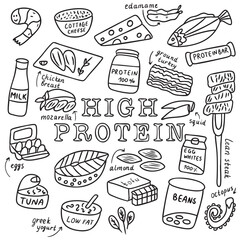 High-protein foods line art set: fish, chicken, shrimp, eggs, egg whites, cottage cheese, yogurt, cheese, beans, tofu, edamame, almonds, steak and protein bar. Black and white vector.