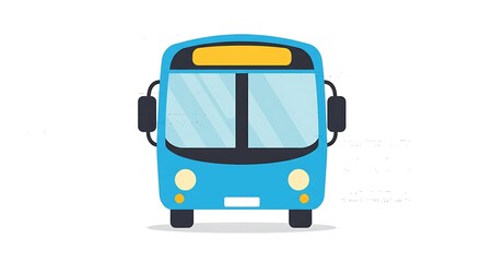 Front view of a blue cartoon bus with yellow destination sign.