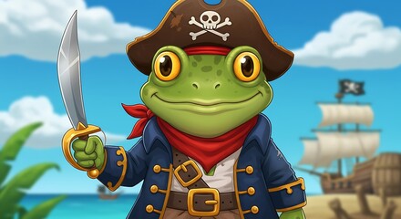 Frog Pirate With Sword On Beach With Ship.