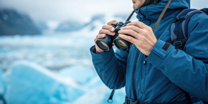 Traveler in blue jacket holds binoculars exploring icy landscape for adventure and travel in cold weather with backpack ready for discovery