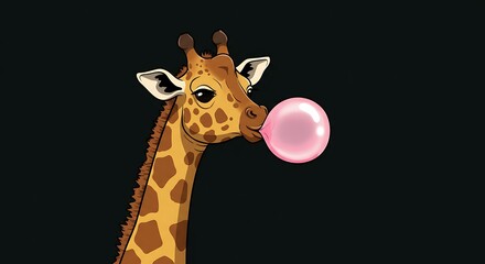 Giraffe blowing pink bubblegum.