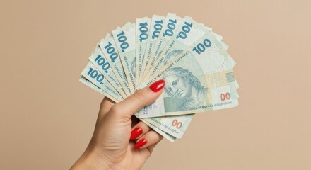 Hand holds fan of hundred-denomination bills against neutral background