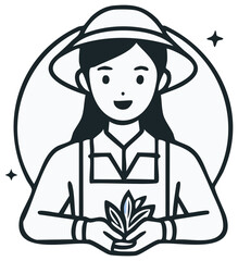 Smiling farmer lady in an apron and a hat holding a seedling, agriculture and gardening illustration, sustainable organic farming cartoon